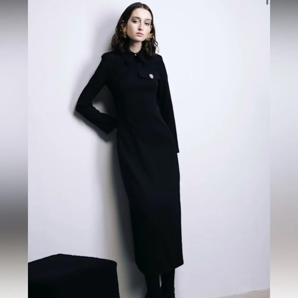 BNWT Fitted Long Sleeve Dress With Stand-Up Collar - Black - Picture 4 of 5